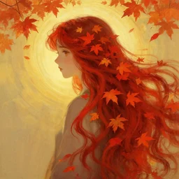 girl with super long hair, hair becoming autumn red leaves, digital painting, art by artgerm and greg rutkowski and alphonse mucha