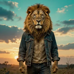 lion human hybrid , in casual clothes , backlight  body , extreme very textured detailed intricate  victorian painting , sunset, dramatic clouds cyan atmosphere