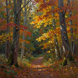 when the leaves start to turn to the color of your hair, oil on canvas, forest in autumn, by craig mullins, elenore abbott