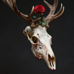 blood dipping from a rose and growing out of a deer skull, unreal engine, realistic lighting, 4k, hyper realism, dark fantasy