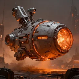 cargo spaceship, exterior, orange glow, scifi, machines, artificial intelligence, ultra realistic, highly detailed, futuristic landscape, industrial, city, atmosphere, highlighted, cinematic, art by jan urschel and neil blevins