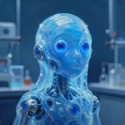 portrait of a mechanical translucent slime entity, blue liquid, blue light, laboratory, bokeh, painting by greg rutkowski