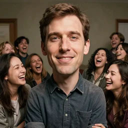 a man with a giant head, everyone is laughing at him