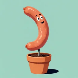 a meat sausage with a face, standing in a flower pot, matte painting, moebius illustration art, key art
