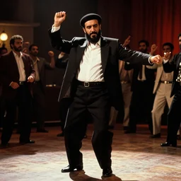 A movie still of Saddam Hussein dancing in Satuday Night Fever