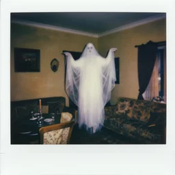 coloured atmospheric polaroid photo of a realistic wraith figure in a interior of dining ro! dream coloured atmospheric polaroid photo of a with transparent ghostly banshee corpse body floating in old living room interior - n 9 om low light atmospheric