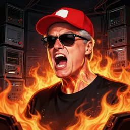 character art by ruan jia, angry bill clinton screaming with his jugular veins out of his neck wearing wayfarer glasses and red baseball hat at a music concert, on fire, fire powers, room filled with computer equipment