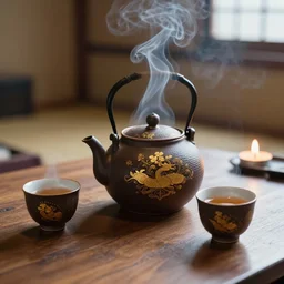 full view of ceremony of tea, an old traditional japanese teapot two smoky cup of tea on a wood table, ( ( ( dust ) ) ), ceramic material, candles smooth lighting, micro details, ( ( ( ( ( intricate ) ) gold details ) ) ), photorealism, canon camera, rays of lights,, japanese house detailed smoky background, by annie liebovitz