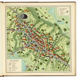 of a detailed coloured old vintage story book map of a small coal miners village, roads, mines, schools, shops all are located on map, parchment paper, cartography, illustration, fantasy, high detail,