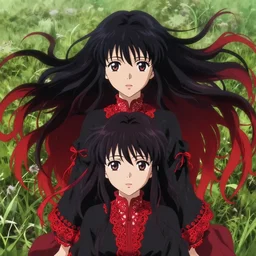 makoto shinkai, artgerm, ilya kuvshinov, beautiful anime women with black red and red lace trim, long black and red hair, wind powers symmetrical face, symmetrical eyes, detailed, field setting, cinematic lighting