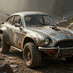 retrofuturistic wasteland scavenger's car, close up, quint buchholz, wlop, dan mumford, artgerm, liam brazier, peter mohrbacher, raw, featured on artstation, octane render, cinematic, rugged, intricate, 8 k