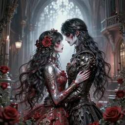 metropolis of lovers and flowers. airbrush and metallic paints by award - winning visual novelist, gothic horror, romanticism, intricate details, depth of field, backlighting