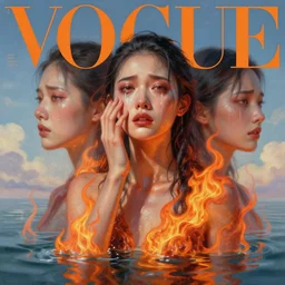 3 d, crying fashion model, flame, liquid water, morning, vogue cover style, poster art, high detail, intricate oil painting, multiple exposure, heaven mood, hyperrealism, 3 d, by tooth wu and wlop and beeple and greg rutkowski
