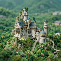 retro futuristic castle structure built into a giant mountain as a miniature, lush green landscape, tilt shift, intricate detail, realistic, awe inspiring, 3 5 mm film photo, vibrant colors, cinematographic