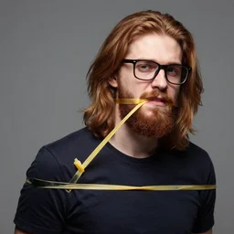a photo of a handsome guy with chestnut hair long hair short beard glasses being kindapped with rubberband on his mouth