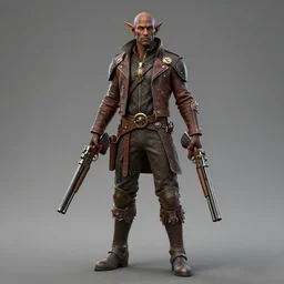 Male Elf Gunslinger, dark skin, full body portrait reference, dual guns, leather jacket, steampunk inspired, highly detailed, octane, unreal engine, 3d render, HD