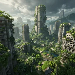 an apocalyptic city where nature has taken back the concrete jungle , deep colour\'s, realistic, hyperrealistic, concept art, stylized, unreal engine 5, trending on art station, W 1024