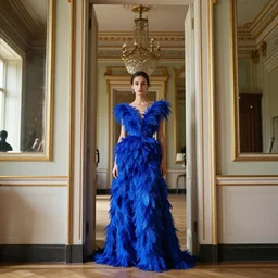 a fashion model in a blue dress made of feathers standing in a doorway, neoclassicism, hall of mirrors, elegant