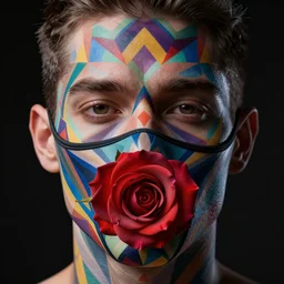 man face, skin as colorful geometric patterns, half masked by rose, intricate, symmetrical, volumetric dramatic light, dark black background, sharp focus, highly realistic, octane render