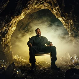 of kanye west as a man on chair, cave with crystals, glitter, volumetric light, foggy, smokey, moody, kodak photography, yellow and black light. w 6 0 0