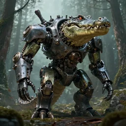 a huge biomechanical robot crocodile in the taiga, octane render, 3 d, unreal engine, scifi character portrait by greg rutkowski, esuthio, craig mullins, cinematic lighting, dystopian scifi gear, gloomy, mechanical, implants, steampunk
