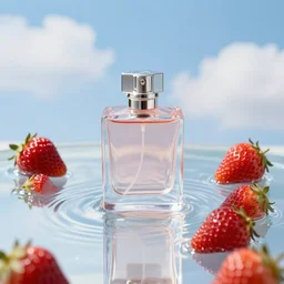 centered clear clean perfume sitting in clear, rippling rose - water with floating strawberries on a bright sunny day, blue cloudy skies, crisp, surreal photography, illumination lighting, sharp focus, vogue