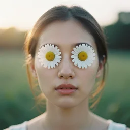 head and shoulder frontal face portrait analog photography of a woman with daisies over the eyes by mark owen. kodak portra. ( depth of field ). whirl bokeh!!. golden hour. detailed. hq. realistic. warm light. muted colors. lens flare. mamiya 7 ii, f / 1. 2, symmetrical balance, in - frame