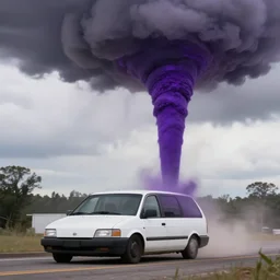 purple tornado following white minivan, photo, 4k, realism