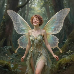 pretty happy forest fairy by artgerm in a scenic woods, sweet, graceful wings muted colors, sharp focus, high fantasy art, fairy aesthetics, intricate, elegant, highly detailed, hyperrealistic painting, artstation, concept art, v painterly, dreamy, soft illumination, hasselbrad photography, illustration, art by scot howden