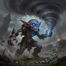 a highly detailed goblin with grey skin and blue eyes that glow, caught in a tornado, like magic the gathering, goblin chainwalker,, digital art, by christopher rush