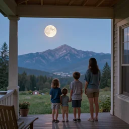 A family on their front porch watching the moon crash into the distant mountains