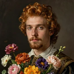 close - up portrait of young man with amber hair and a short beard, dressed in 1 7 th century style, beautiful, holding colourful flowers bouquet, cinematic lighting, highly detailed, digital art, oil painting, highly detailed, sharp focus, matte painting, renaissance painting, by kinkade, by alphonse mucha, by leyendecker, by rutkowsky,