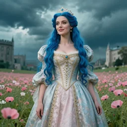 medium portrait of queen, vibing, regal dress, soft smile, blue long haired elegant model, female, by greg rutkowski, storm clouds, poppies, in fantasy city, teal and pink color palette, annie liebovitz, preraphaelite, detailed c