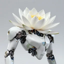 waterlily head mobile combat suit floral rococo robot, biomechanical, waterlily mecha nymphaea, detailed illustration, concept art, smooth, sharp focus, by frank gehry, bandai box art