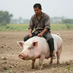 a man riding a pig. stock photo