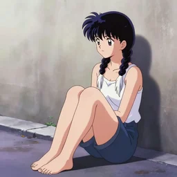 concept, girl sitting on street, against wall, alone, crossed legs, looking left, white braids, singular, akira toriyama, styled, mid filter, anime, portrait