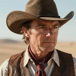 close-up cinematic shot of Dan Schneider dressed as a cowboy in the desert, 8k, highly detailed, highly intricate, hd lighting,