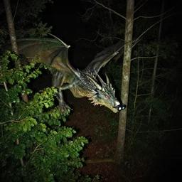 dragon in forest at night, night vision goggles, shot from drone, grainy, national geographic, trail cam footage