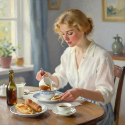 beautiful blonde woman making breakfast morning painting volegov carl larsson