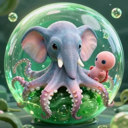 a hybrid octopus elephant squid fetus growing in a giant green bubbling liquid, octane render, caustics, 4 k, trending on artstation, cute, realistic, vibrant