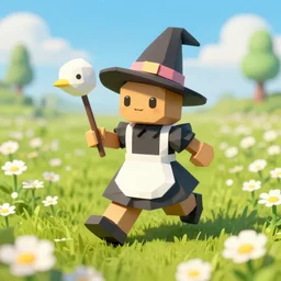 lowpoly ps 1 playstation 1 9 9 9 running anthropomorphic ( lurantis ) maid wearing witch hat holding a swadloon standing in a field of daisies, mount coronet in the distance digital illustration by ruan jia on artstation