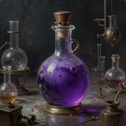 a painting of a steampunk violet shiny potion bottle in a dark dusty vintage science lab, by h. r. giger, hyperrealistic fantasy art, concept matte, ethereal, dreamy, digital art, trending on artstation, volumetric cinematic lighting