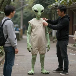 camera footage of an alien putting on a human costume, 4 k, stock photo, full body, funny, realistic