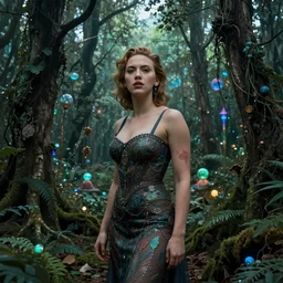 landscape scarlett johansson in psychodelic dmt lsd forest, photorealistic, artgerm, artwork by Arian, Mark