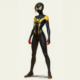 full body character turnaround of a woman in an orb weaver inspired outfit and mask, character sheet, spiderwoman!!!!!, john singer sargent, good value control, highly detailed portrait, digital painting, concept art, running shoes, sharp focus, illustration, 8 k, black undersuit, black main color with yellow secondary color, realistically proportioned body