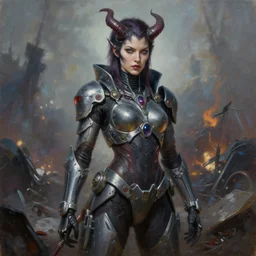 portrait of a female demon in cyberpunk armor in the middle of a battlefield. by Daniel F. Gerhartz, hyperrealistic oil painting, 4k, studio lightning