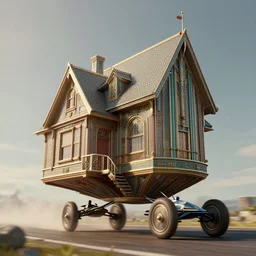 Alexander Jansson Style, flying house Art-Deco, in a race competition, ealistic, Many Details, Ultra Detailed, Octane Render, Real Engine 5 Cinematic, Realistic, Intricate Detail, Finely Detailed, Small Details, Extra Detail, Extra Detail, Extra Detail, Extra Detail More details, tiny details, high resolution, 3D, PBR, path tracing, volumeric lighting, octane render, Arnold Render, 8k