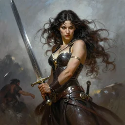 A full portrait of a very beautiful berserker woman, holding an oversized sword, by Frank Frazetta, Greg Rutkowski, Boris Vallejo, epic fantasy character art, Exquisite detail, post-processing, low angle, masterpiece, cinematic