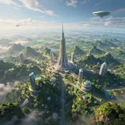 a view of an alien planet! gorgeous! viewed from ten thousand feet in the air! a beautiful and technologically advanced city integrates perfectly into nature! lush! otherworldly sky!, 8 k, cgimovie, trending on artstation