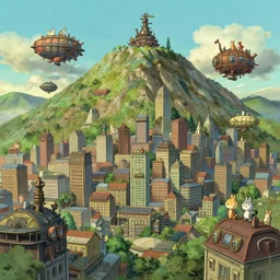 A mountain surrounded by a city by Craig Mullins, the city buildings are in a studio ghibli aesthetic, illustrative art of various small steampunk airships flying around the city by Mattias Adolfsson, animal people on rooftops by Mattias Adolfsson